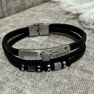 Black and Silver Leather Bracelet / Acero